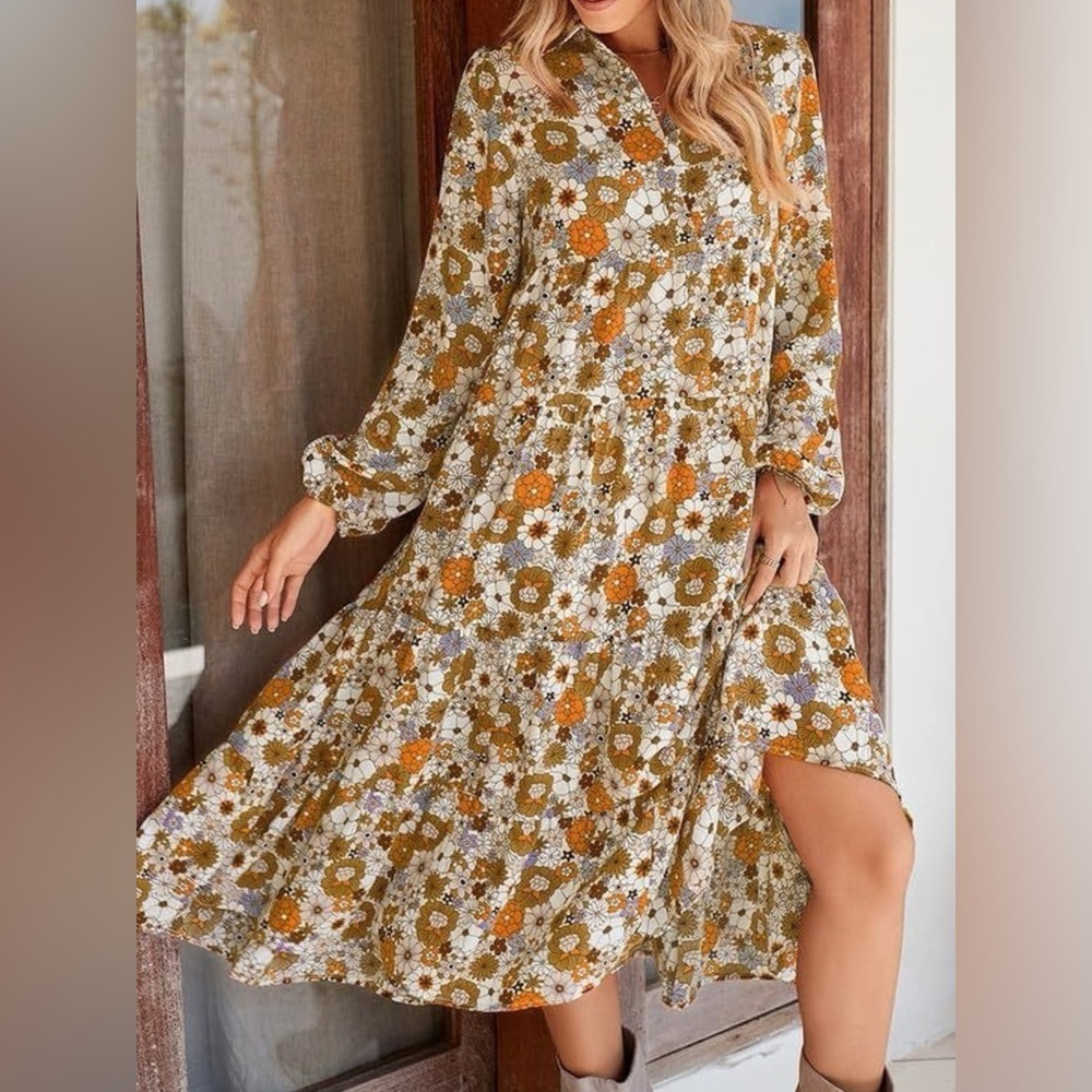 Floral Print Balloon Sleeve Midi Dress